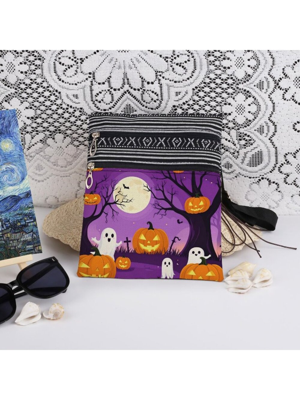 🎃Women's Camping Ghost Pumpkin Halloween Themed Purse Festive Cross Body Bag - Picture 3 of 7